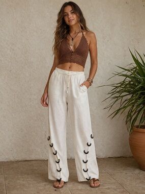 OTEN Natural 100% Cotton Lace Boho Summer Festival Cream Pants Pockets EUC L XL